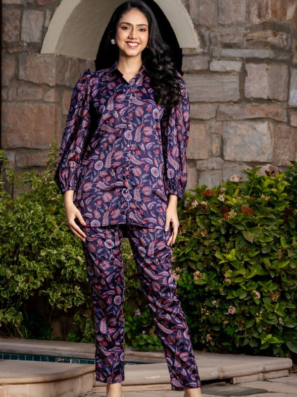 Dark Purple Printed Shirt and Pants (Set of 2)