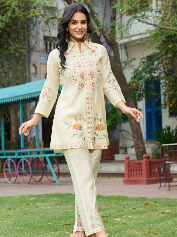 Embroidered Cream Co-Ord Set In Roman Silk