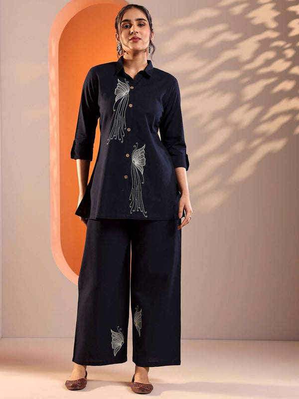 Navy Floral Embroidered Tunic with Floral Hem Embroidered Trouser