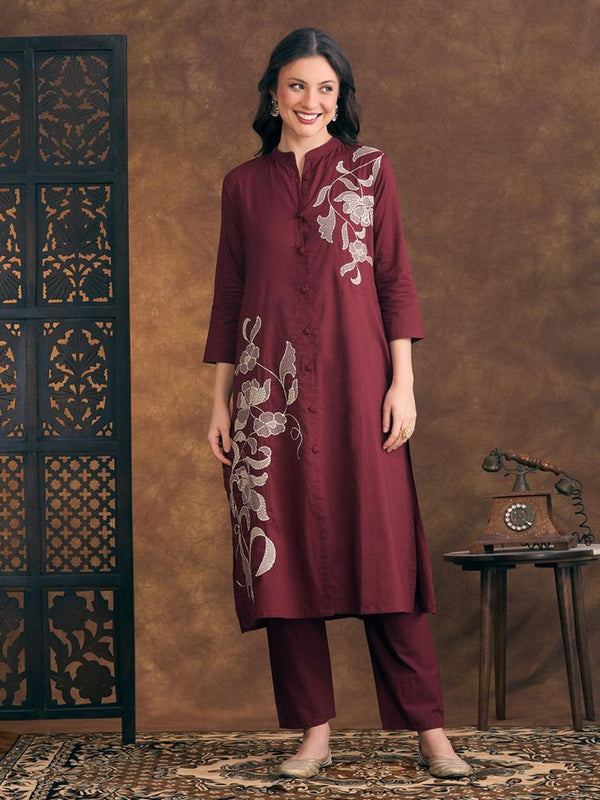 Solid Thread Work and Sequin Work Embroidered A-Line Co-Ord Set - Maroon