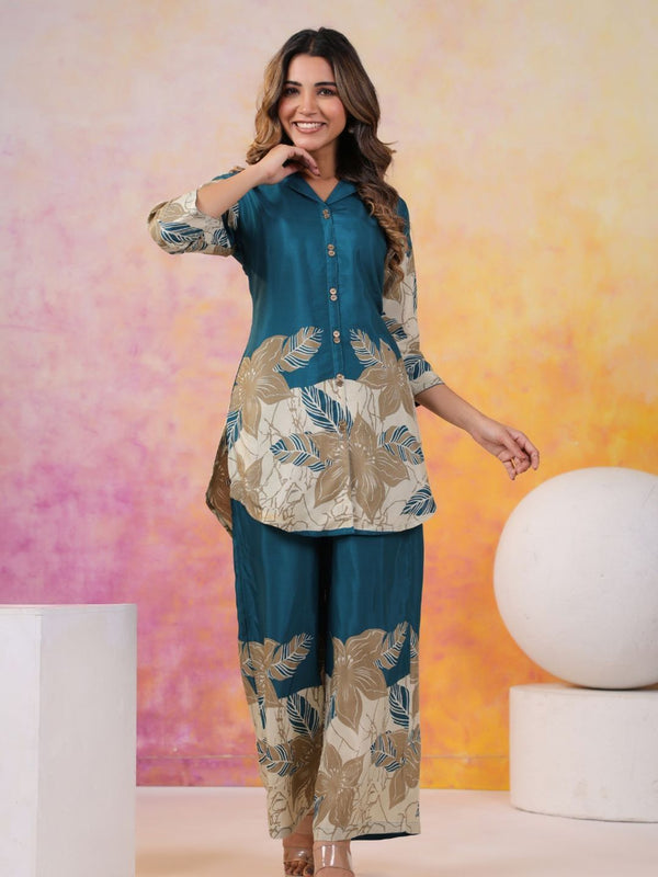 Silk Blend Green Notched Lapel Floral Co-ord (Set of 2)