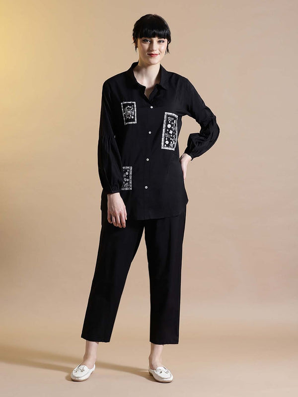 Shirt Collar Embroidered Silk Blend Black Co-Ord (Set of 2)