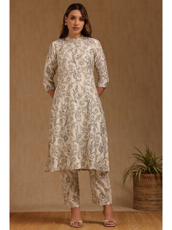 Off White Art Silk Botanical Print Co-Ord Set