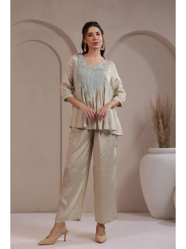 Women Embroidered and Printed Pastel Beige Co-Ord (Set of 2)