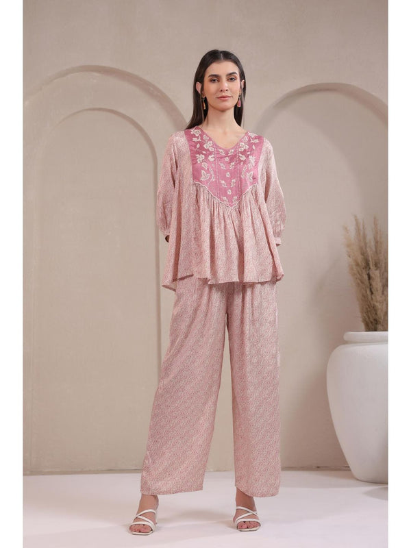 Women Blush Pink Floral Embroidered and Printed Co-Ord (Set of 2)