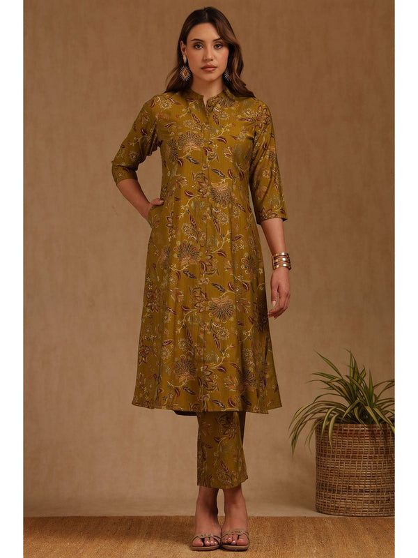 Womens Mustard Art Silk Floral Printed Co-Ord (Set of 2)