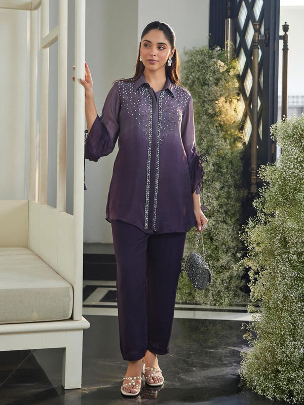 Plum Pearl-Embellished Co-Ord Set - Purple