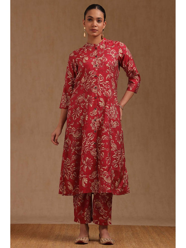 Womens Red Muslin Floral Print Co-Ord