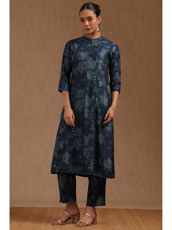 Womens Navy Blue Muslin Floral Print Co-Ord
