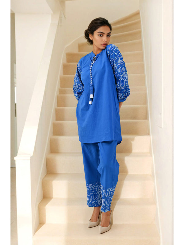 Azure Elegance Embroidered Cotton Co-Ord (Set of 2)