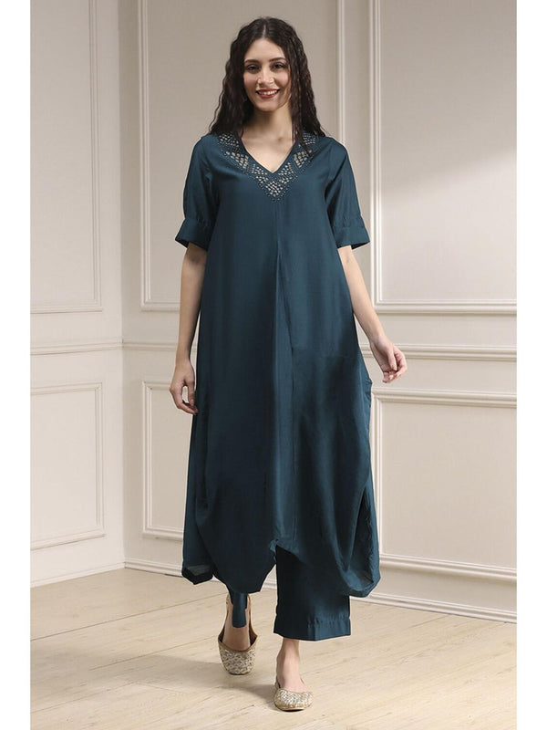 Women Teal Viscose Blend Solid Co-ord Set