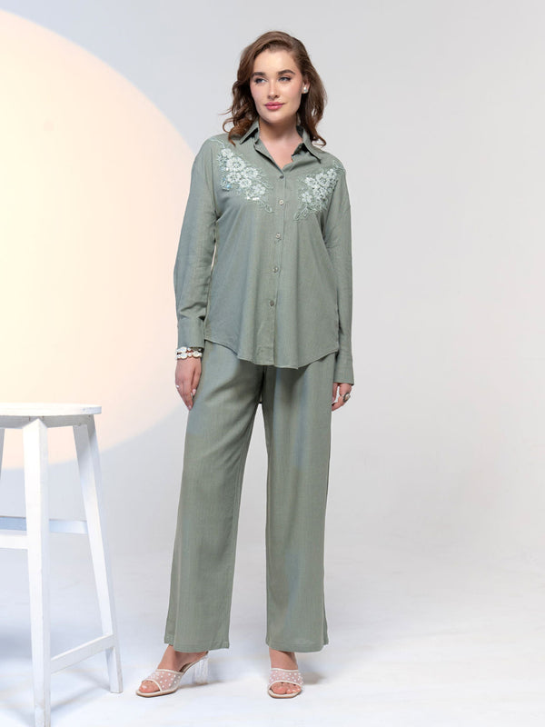 Olive Green Embroidered Co-Ord (Set of 2)