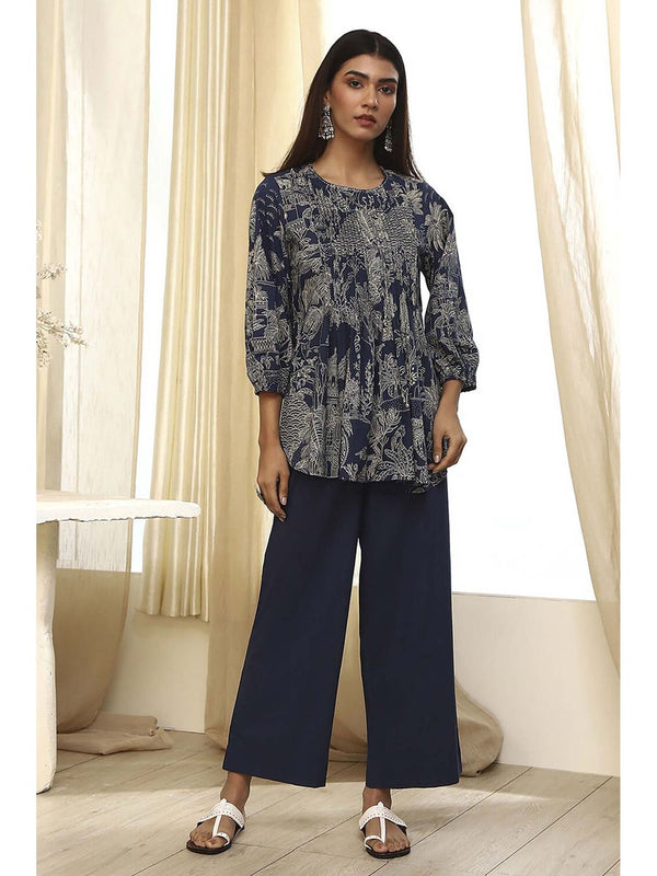 Women's Blue Cotton Straight Printed Co-Ord (Set of 2)